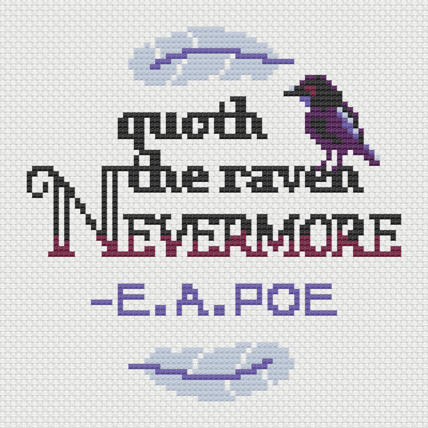 Cross stitch design reading quoth the raven nevermore, e. a. poe. Feathers and a raven are included in the design.