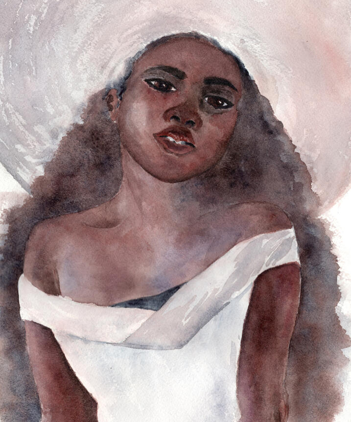Watercolor painting of a Black woman wearing a white blouse and a large sunhat; she has long curly hair and is looking seriously at the viewer.